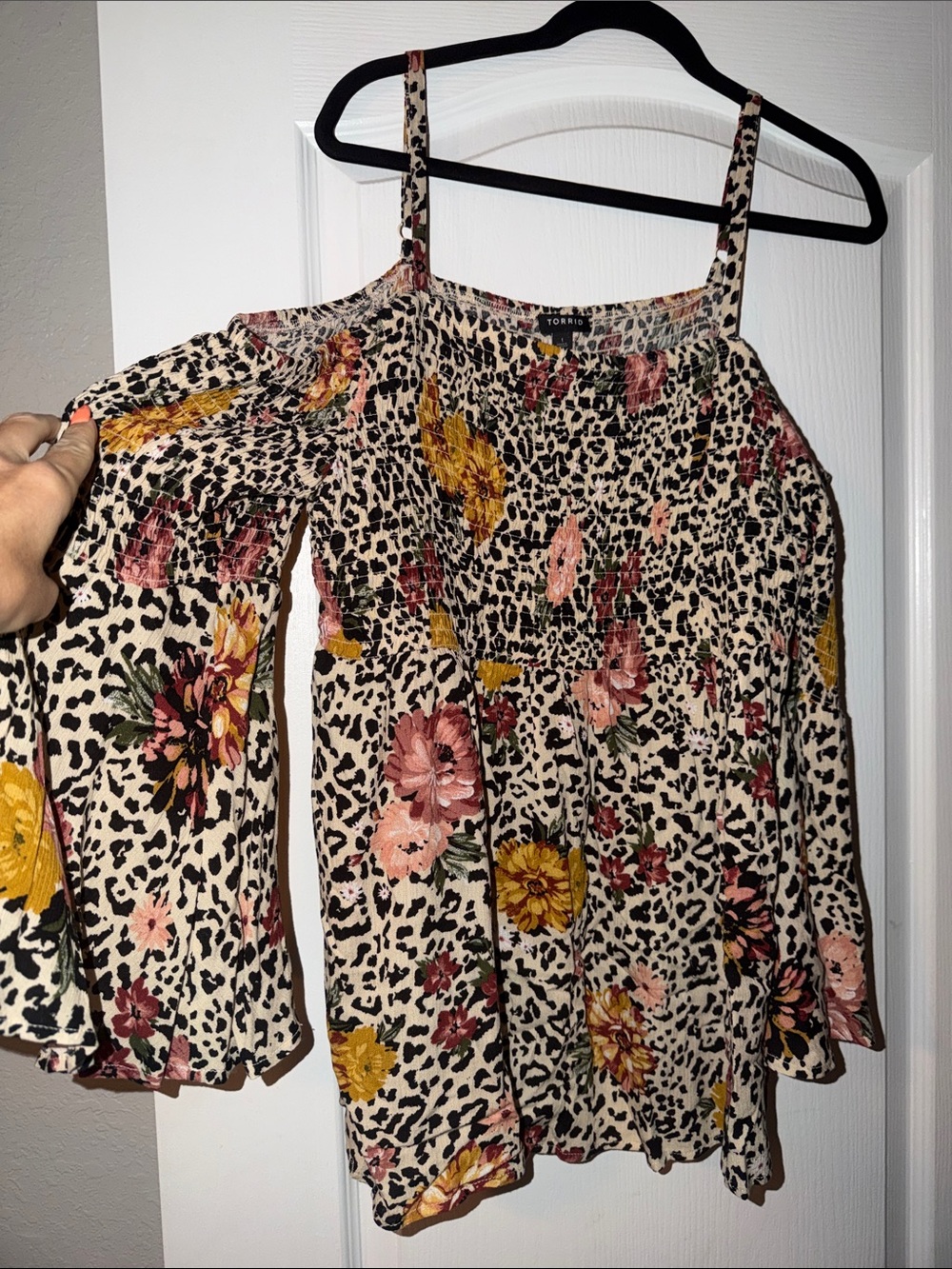 torrid Floral & Leopard Cold-Shoulder Blouse in Cream, Pink, Yellow